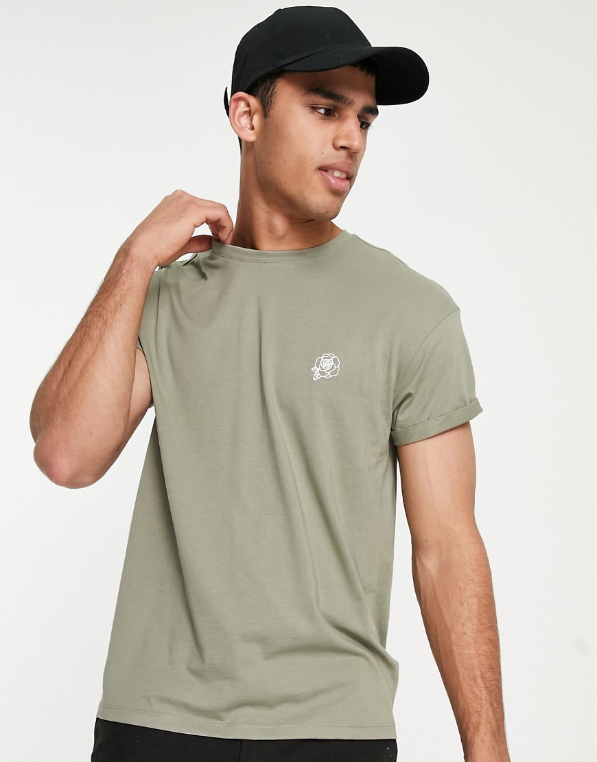 New Look T-shirt With Rose Sketch Embroidery In Khaki-green