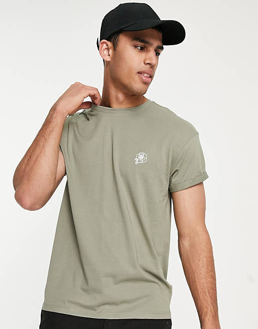 New Look t-shirt with rose sketch embroidery in khaki