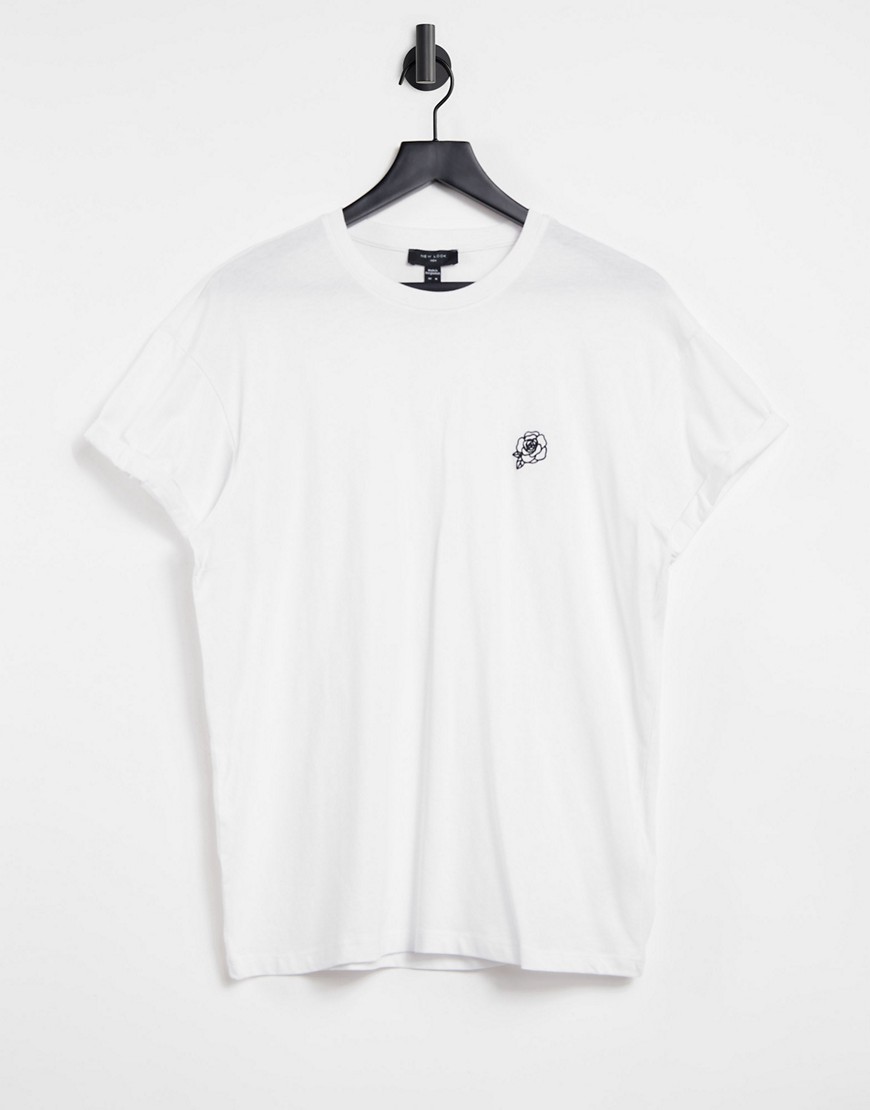 New Look T-shirt With Rose Sketch Embroidery In White