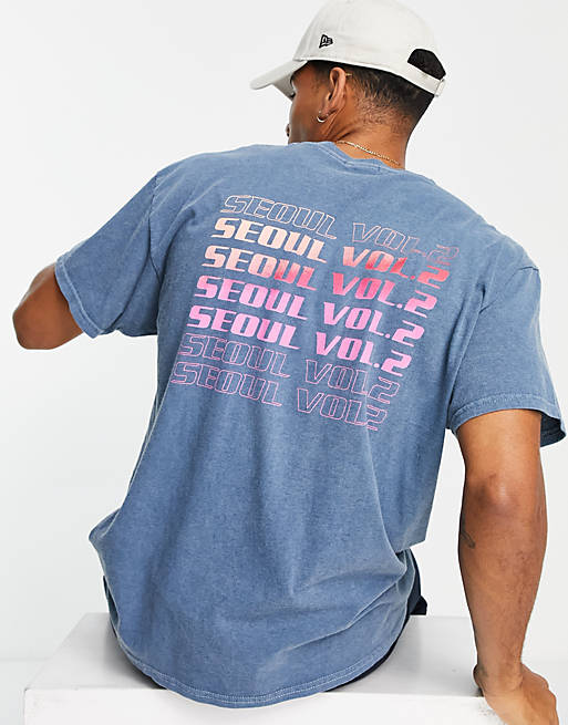 New Look t-shirt with seoul back print in overdye blue | ASOS