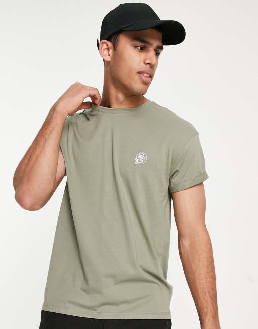 New Look – T-shirt z haftem z różą w kolorze khaki