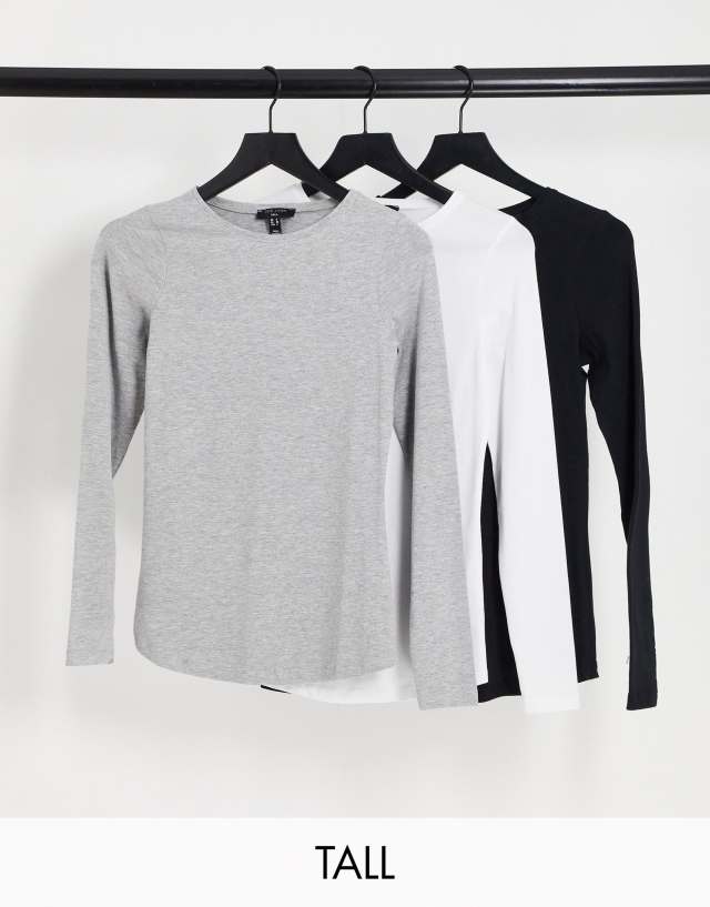 New Look Tall 3 pack crew neck long sleeve tees in black white and gray