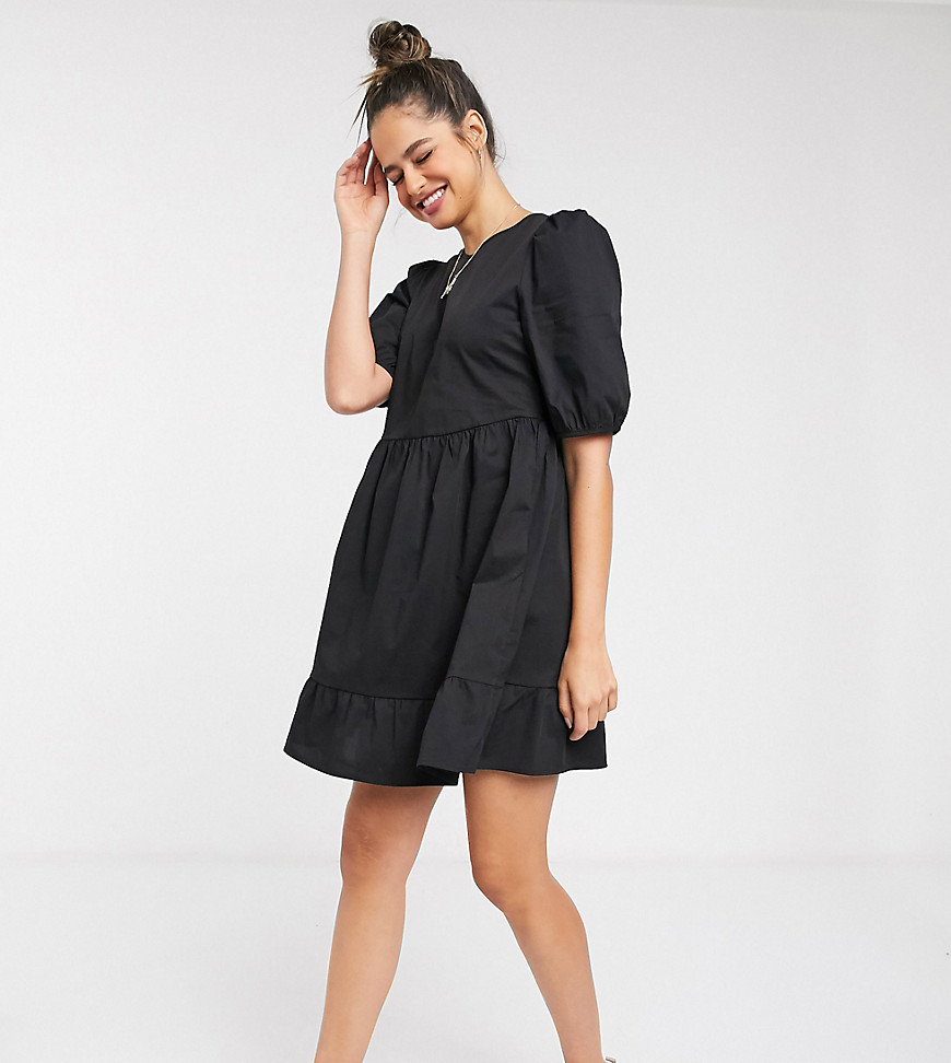 New Look Tall - Aangerimpelde mini-jurk van poplin met pofmouwen in zwart