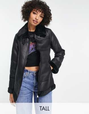 New Look Tall aviator coat with contrast borg in black