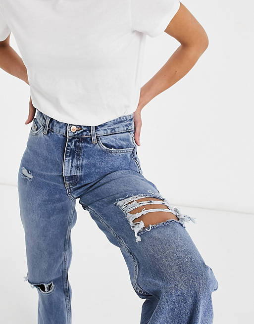 Women New Look Tall baggy ripped jeans in blue 
