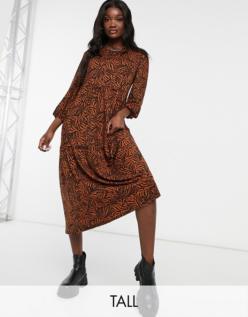 New Look Tall balloon sleeve tiered smock dress in brown zebra pattern