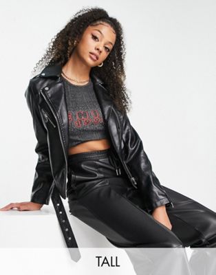 New Look Tall Belted Faux Leather Biker Jacket In Black