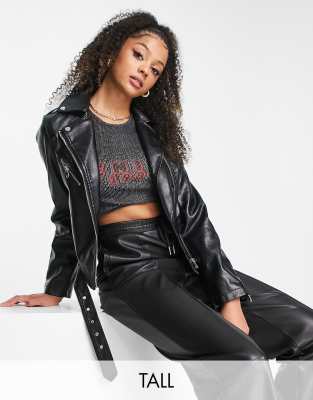 belted faux leather biker jacket in black