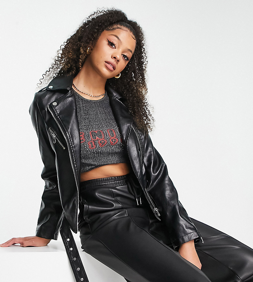 New Look Tall belted faux leather biker jacket in black