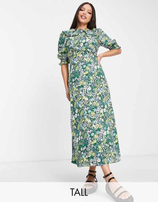 New Look Tall – Blå, blommig midiklänning med puffärmar och krage