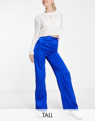 New Look Tall co-ord satin wide leg trouser in bright blue