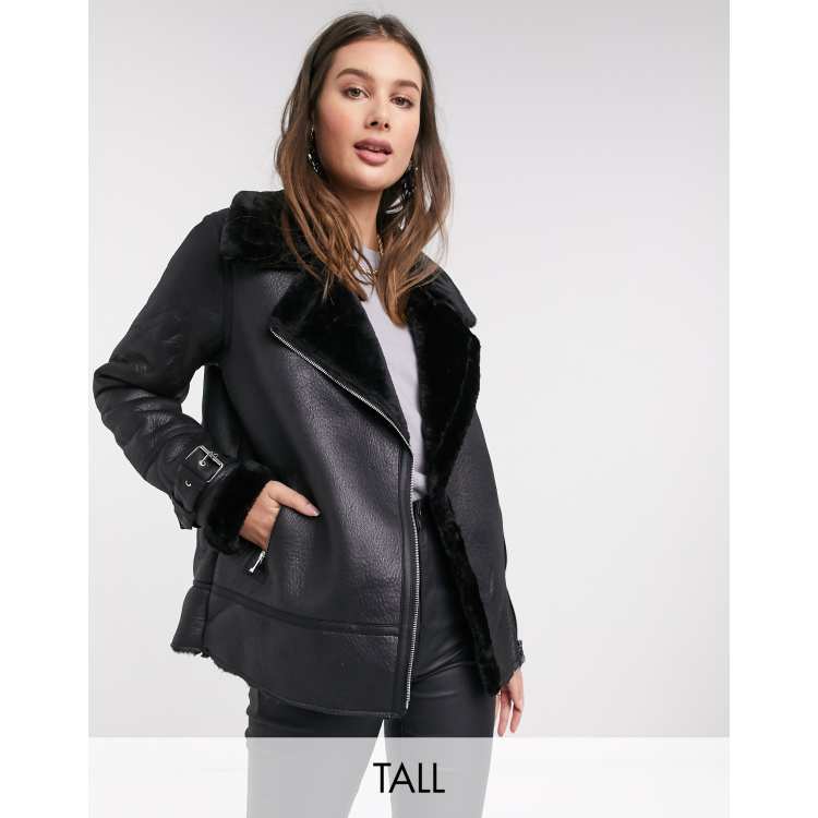 New Look Tall faux fur trim aviator jacket in black | ASOS