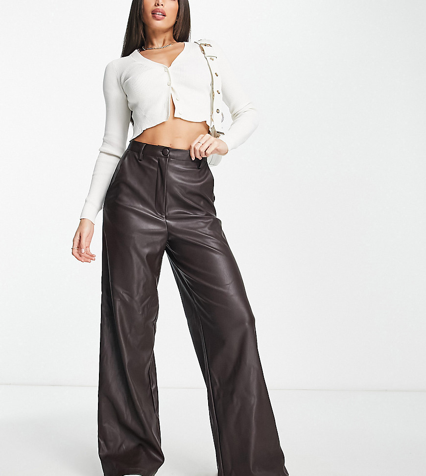 New Look Tall faux leather wide leg trousers in brown