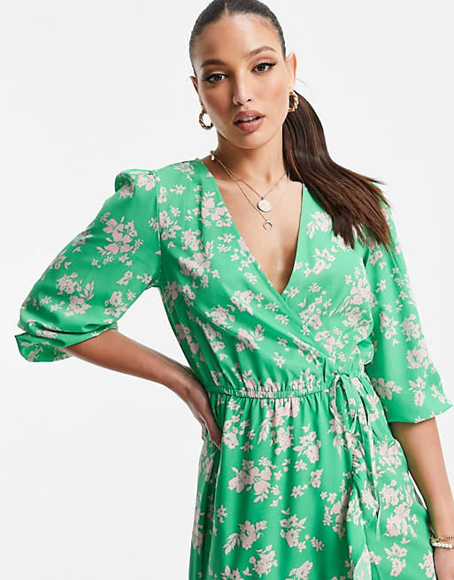  New Look Tall floral wrap midi dress in green pattern 
