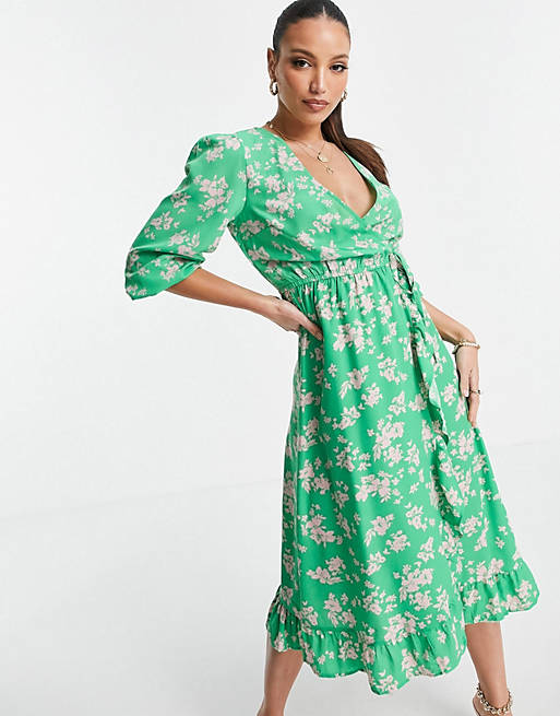  New Look Tall floral wrap midi dress in green pattern 