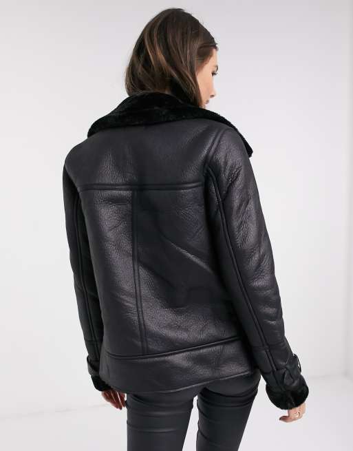 New Look Tall - Giacca stile aviatore con bordi in ecopelliccia nera, 2 di 4