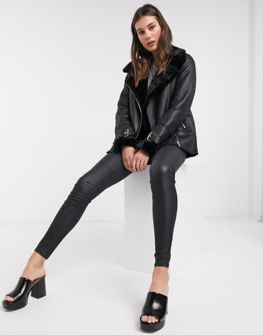 New Look Tall - Giacca stile aviatore con bordi in ecopelliccia nera, 4 di 4