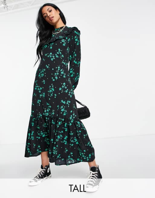 New Look Tall high neck frill collar tiered midi dress in black floral print