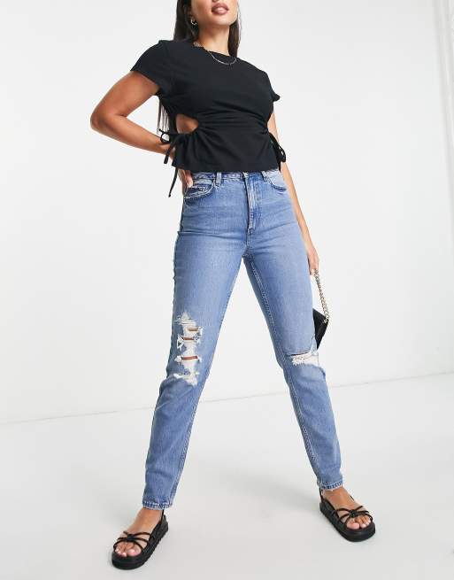 New Look Tall - Jeans skinny blu lavaggio medio con strappi, 4 di 4
