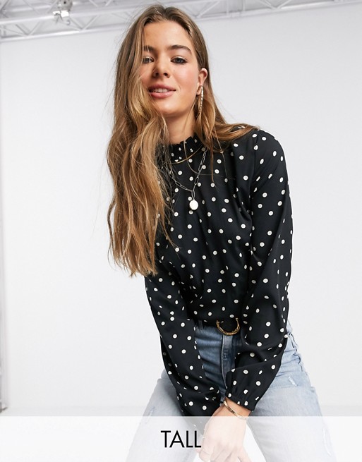 New Look Tall long sleeve blouse in black polka dot