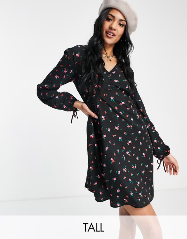 New Look Tall long sleeve button through mini dress in black floral