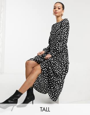 New Look Tall long sleeve tiered midi dress in black spot print