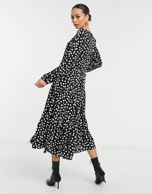New Look Tall long sleeve tiered midi dress in black spot print, 2 of 4