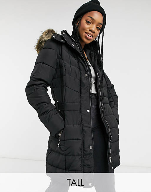 New Look Tall longline belted puffer in black | ASOS