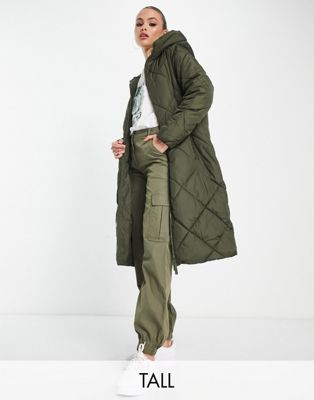 longline puffer coat in dark khaki-Green