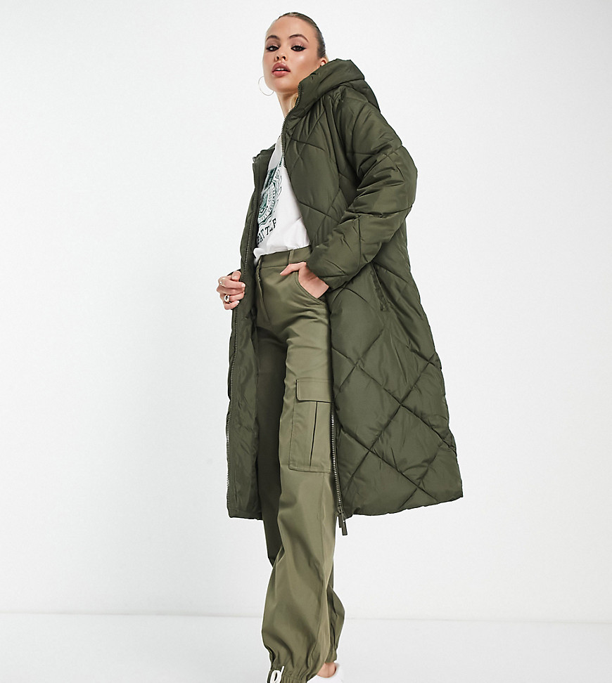 New Look Tall longline puffer coat in dark khaki-Green