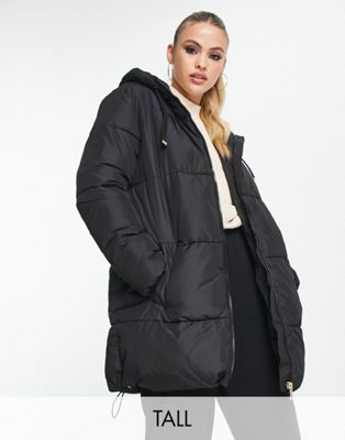 mid length hooded puffer coat in black