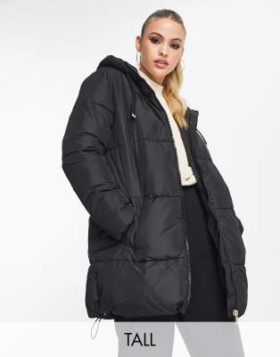 New Look Tall mid length hooded puffer coat in black