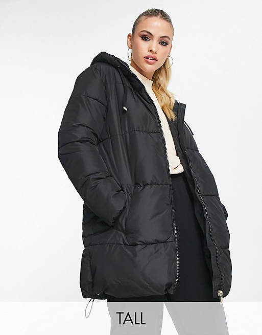 New Look Tall mid length hooded puffer coat in black | ASOS