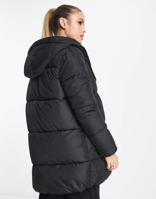 New Look Tall mid length hooded puffer coat in black