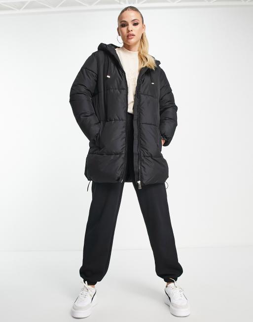 New Look Tall mid length hooded puffer coat in black