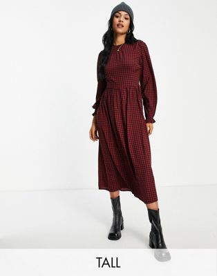 New Look Tall midi smock dress in red check