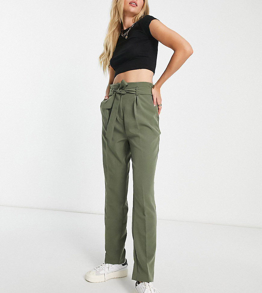 New Look Tall paperbag belted trousers in khaki-Green