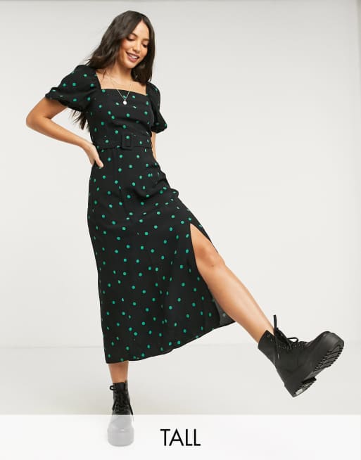 New Look Tall puff sleeve midi dress with square neck in mono polka dot