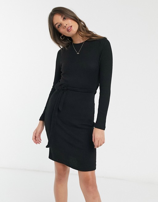 New Look Tall ribbed belted dress in black