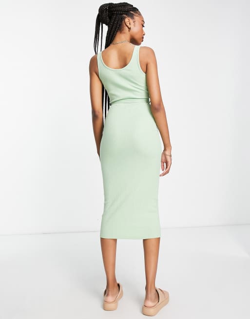 New Look Tall ribbed button through midi bodycon dress in sage green, 2 of 4