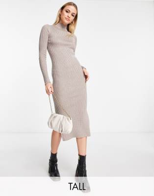 New Look Tall Ribbed Midi Dress With Side Split In Mink-pink