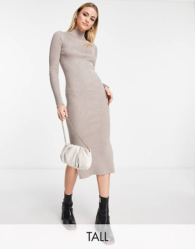 New Look Tall - ribbed midi dress with side split in mink