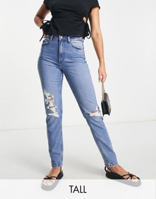 New Look Tall ripped straight leg jean in mid blue wash