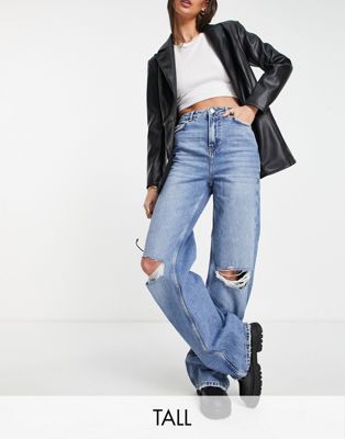New Look Tall ripped wide leg dad jean in mid blue - ASOS Price Checker