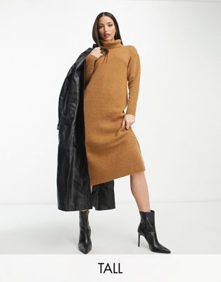 roll neck knitted midi dress in brown