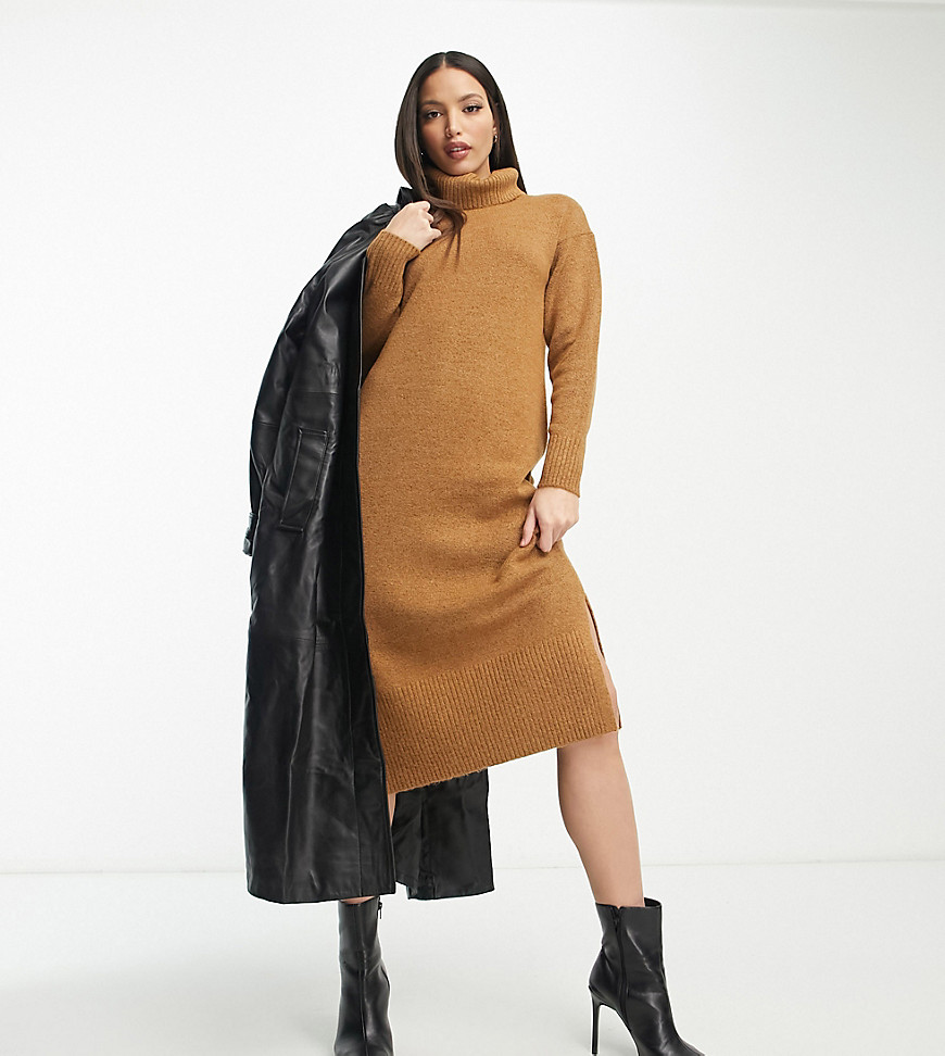 New Look Tall roll neck knitted midi dress in brown