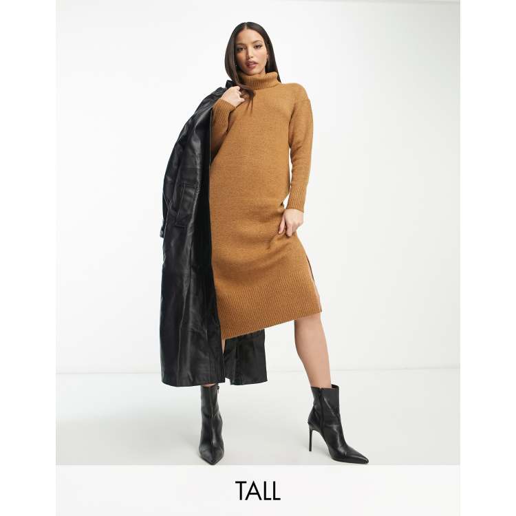 New Look Tall roll neck knitted midi dress in brown