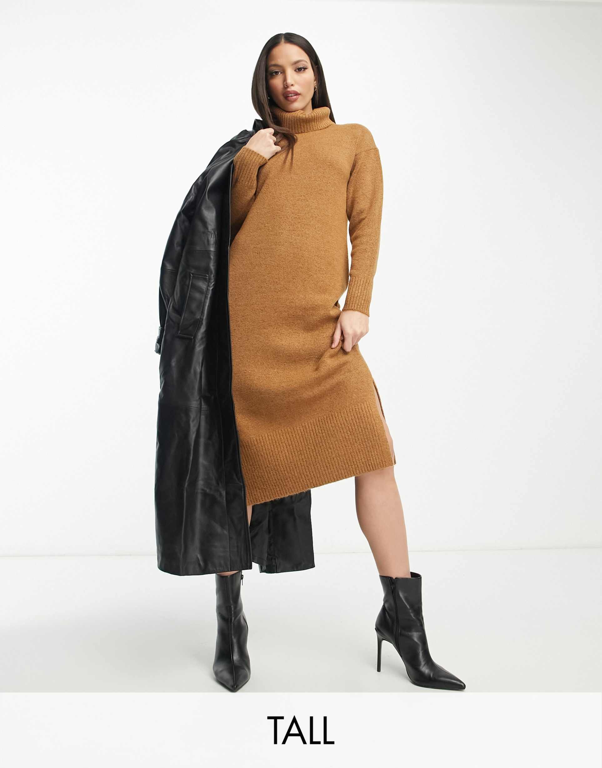 new look tall roll neck knitted midi dress in brown