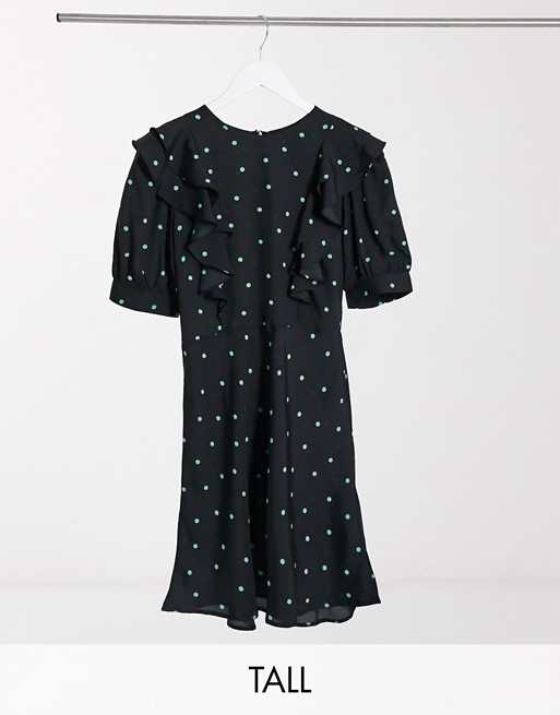 New Look Tall ruffle detail mini dress in black polka dot