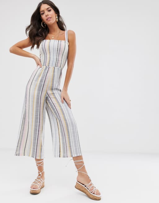 New Look Tall shirred jumpsuit in multi stripe